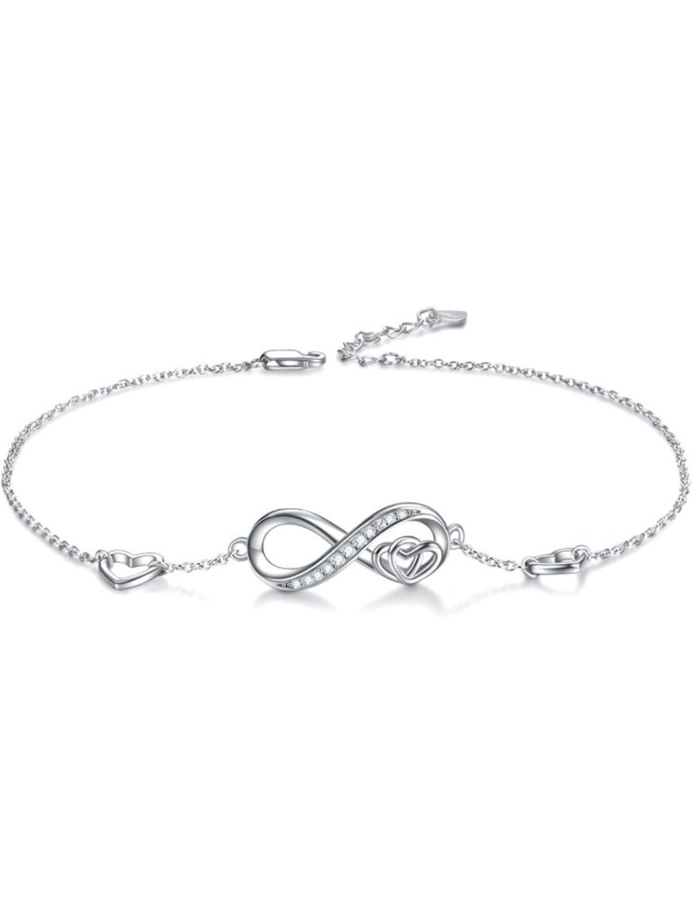 Dainty Infinity Heart Ankle Bracelet with CZ Diamonds, Adjustable Sterling